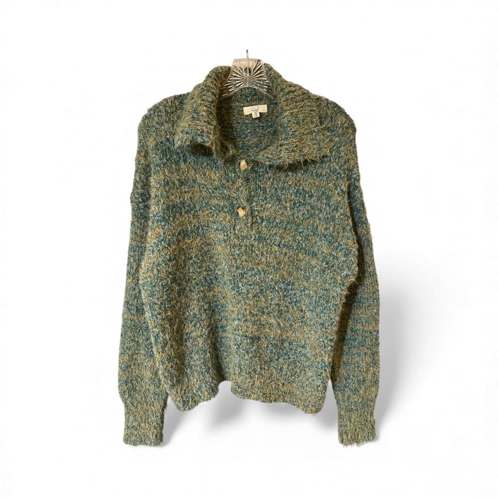 Easel Los Angeles Oversized Fuzzy Green Button Collared Sweater